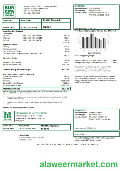 Japan S-Energy Japan Co. Ltd. Tokyo Branch utility bill template in Word and PDF format